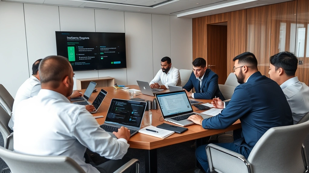 Team of security professionals in a conference room conducting an incident response exercise with laptops, documentation, and collaborative discussion about threat mitigation strategies