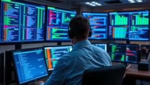 Cybersecurity analyst monitoring network traffic on multiple screens in a modern security operations center, blue and green data visualizations, professional workplace environment, photorealistic