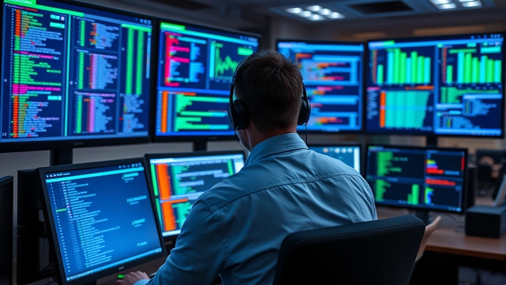 Cybersecurity analyst monitoring network traffic on multiple screens in a modern security operations center, blue and green data visualizations, professional workplace environment, photorealistic