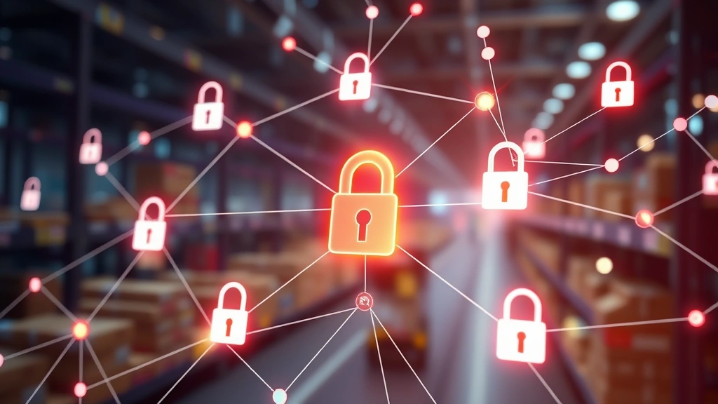 Digital representation of retail supply chain network with interconnected nodes and security locks, abstract data flow, modern cybersecurity visualization, photorealistic without text