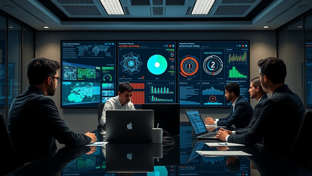 Incident response team collaborating in conference room with security dashboards visible on walls, professional cybersecurity environment, serious focused atmosphere, photorealistic