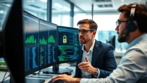 Professional cybersecurity expert analyzing data on multiple monitors in modern office environment, focused expression, secure workspace with lock symbols visible