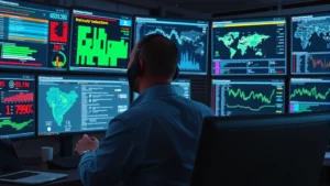 Professional cybersecurity analyst monitoring multiple security dashboards displaying threat detection alerts, network traffic visualization, and vulnerability assessments on computer screens in a modern security operations center