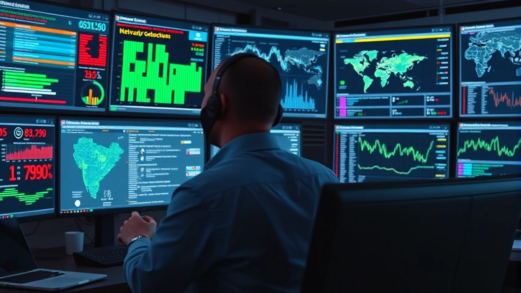 Professional cybersecurity analyst monitoring multiple security dashboards displaying threat detection alerts, network traffic visualization, and vulnerability assessments on computer screens in a modern security operations center