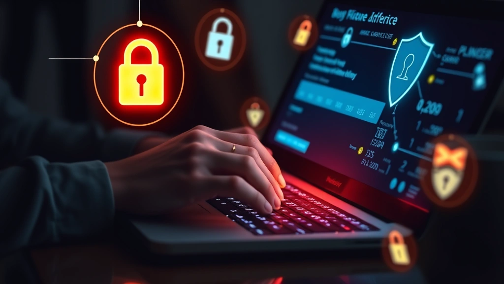 Person entering payment information on laptop with glowing padlock and shield security icons surrounding the screen, protecting financial data