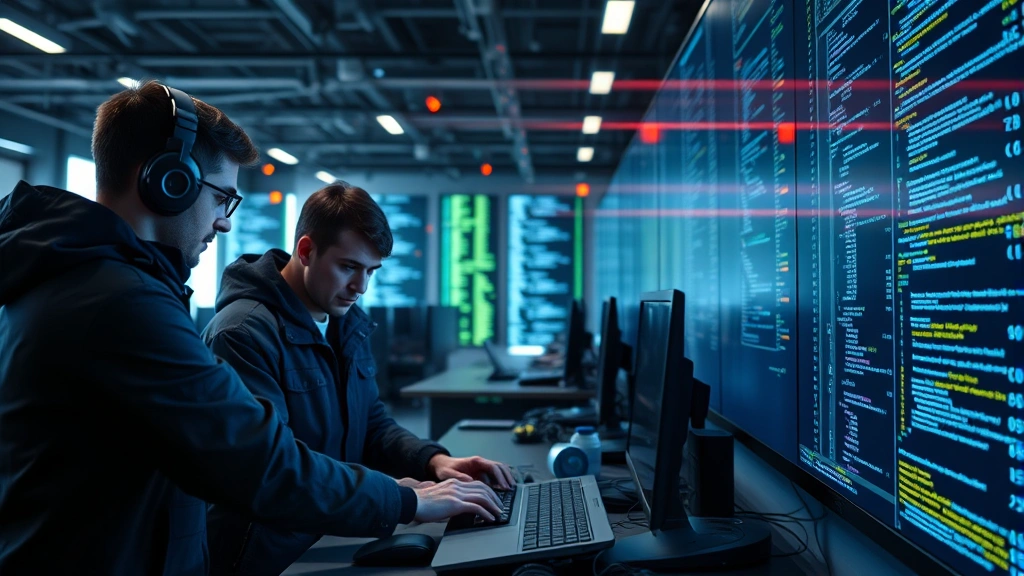 Team of security professionals conducting vulnerability assessment using advanced scanning tools, examining code and infrastructure components with focused concentration in a tech-driven environment