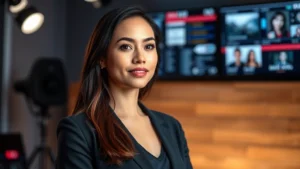 Professional female actor in modern studio setting with soft lighting and blurred technology displays in background, representing digital performance rights and protection in entertainment industry