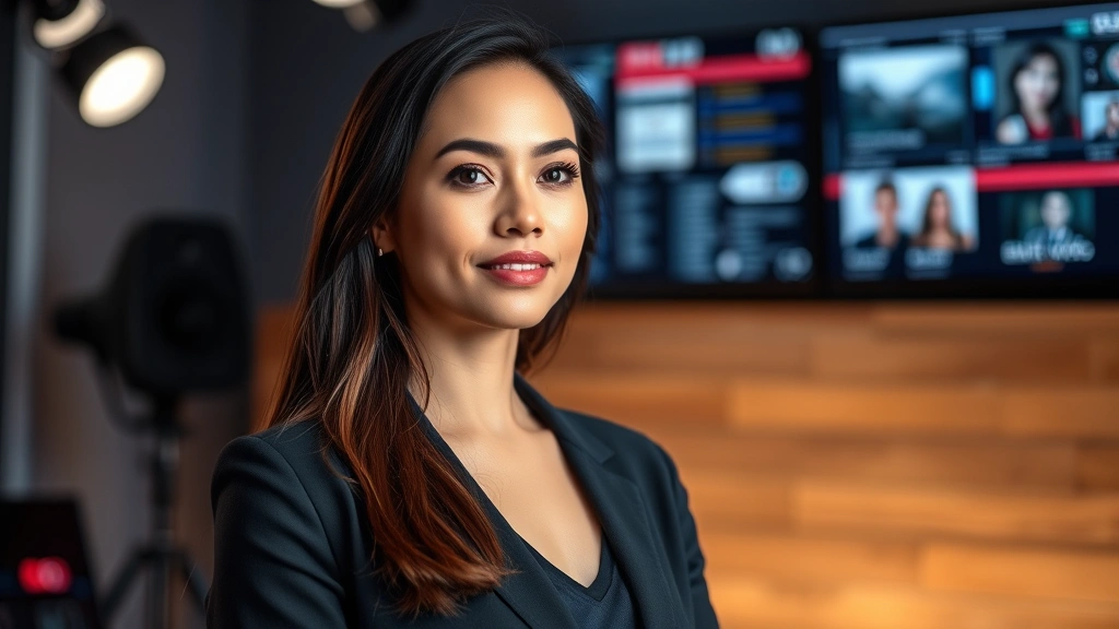 Professional female actor in modern studio setting with soft lighting and blurred technology displays in background, representing digital performance rights and protection in entertainment industry