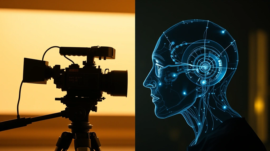 Split-screen composition showing traditional film camera on left and holographic digital projection on right, symbolizing intersection of conventional acting and AI-generated synthetic performances in modern cinema