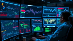 Cybersecurity analyst reviewing multiple alert dashboards with data visualizations and threat indicators on computer screens in a modern security operations center