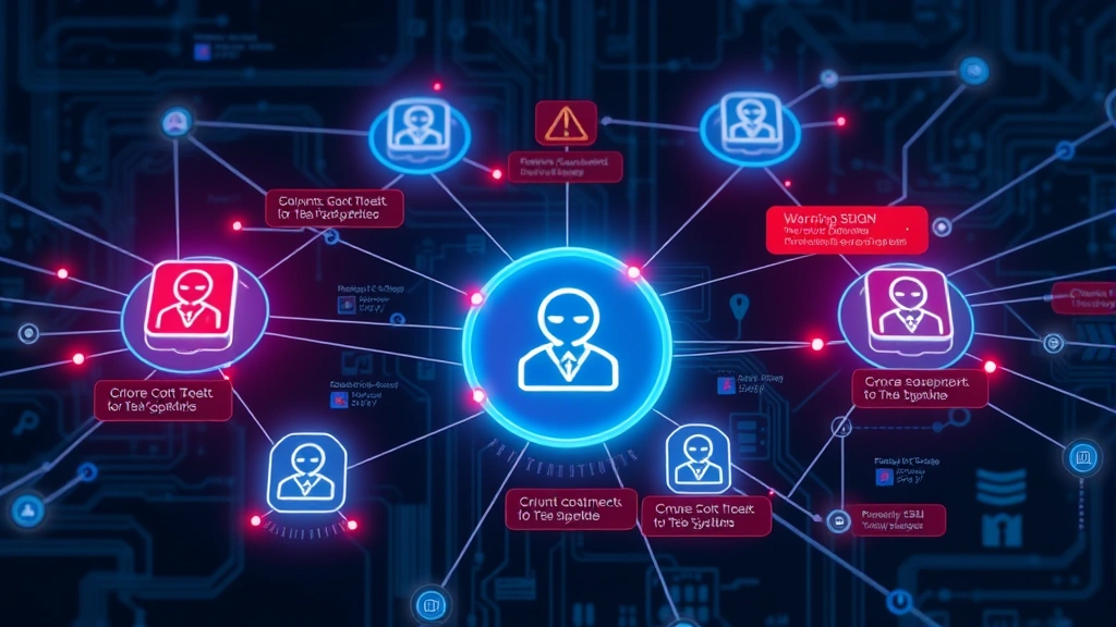 Network security infrastructure visualization showing interconnected nodes and data flows with warning indicators and threat detection alerts across systems