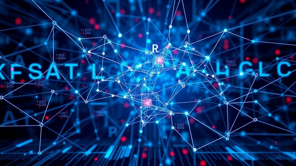 Machine learning model training visualization with data patterns and neural network nodes, representing AI algorithm development for security threat detection