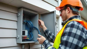Professional installing network cable in outdoor weatherproof junction box near modern home exterior with mounting hardware visible, technician wearing safety gear examining connections