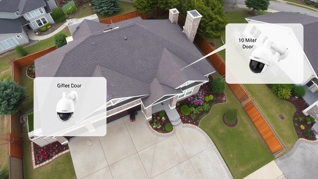 Wide angle view of residential property from elevated position showing multiple strategic camera mounting points on roof corners, entry doors, and driveway areas with overlapping coverage zones