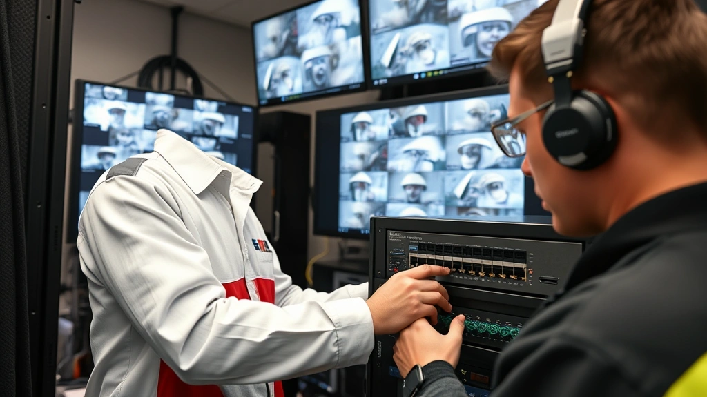 Network technician testing Ethernet connections and Power over Ethernet switch in secure equipment rack with multiple camera feeds displayed on monitoring screens in background
