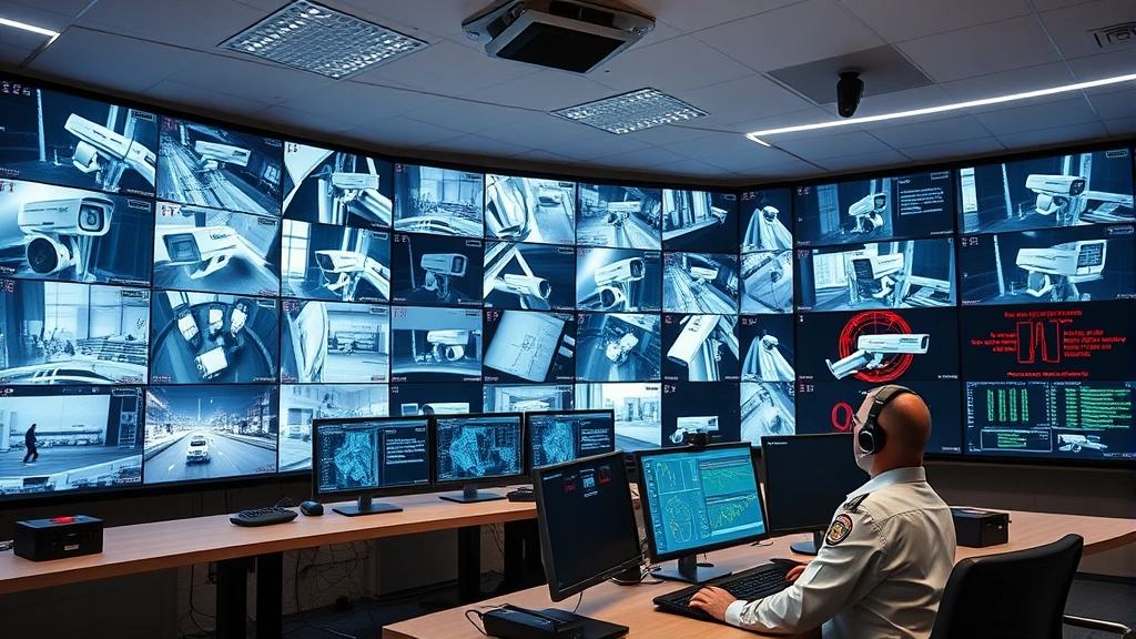 Modern surveillance control room with multiple AI-powered security camera feeds displaying real-time detection alerts and threat assessment data on large monitoring screens, professional security operator station