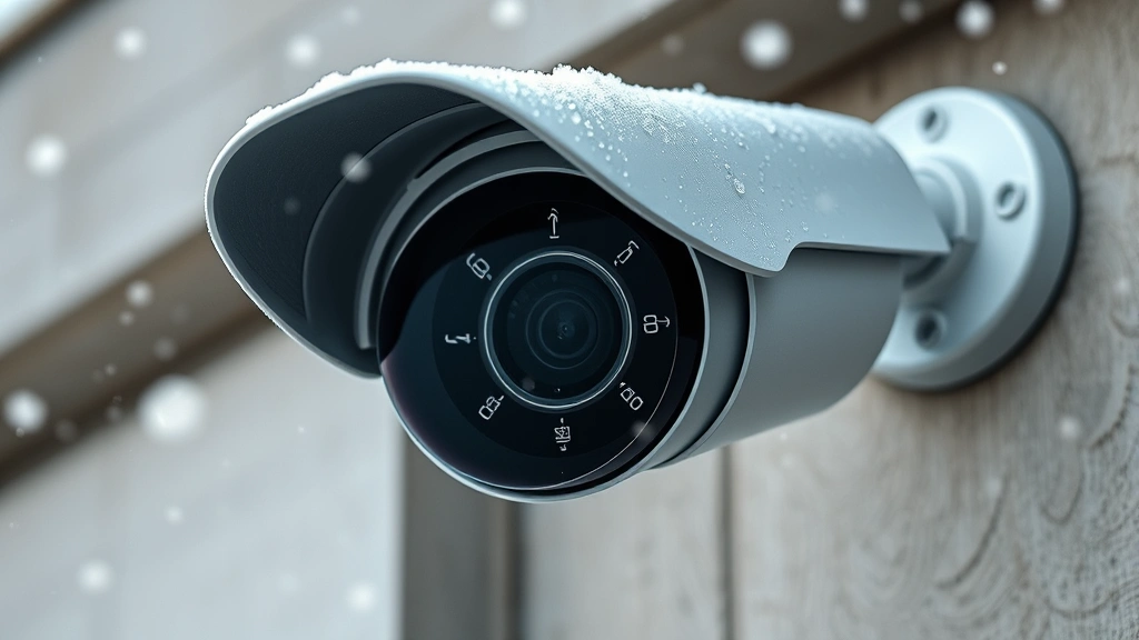 Close-up of advanced security camera hardware with built-in AI processing unit and encrypted data transmission indicators, mounted on building exterior in harsh weather conditions