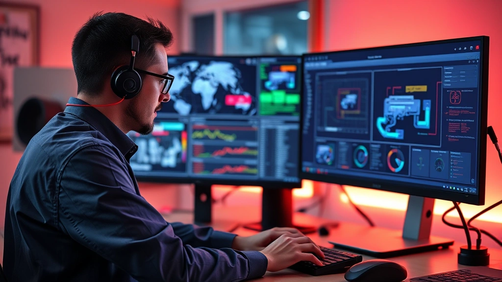 Cybersecurity analyst reviewing AI camera system vulnerabilities on computer workstation, showing network security architecture diagrams and threat assessment dashboards in background
