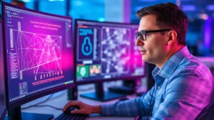 Cybersecurity professional analyzing machine learning model security on multiple monitors, neural network visualization displayed on screens, serious focused expression, modern office environment with blue and purple ambient lighting