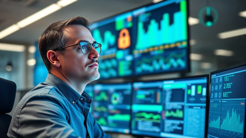 Professional cybersecurity analyst monitoring multiple security dashboards in a modern SOC environment, wearing business casual attire, focused expression, blue and green data visualizations reflecting on face, office setting with ambient lighting
