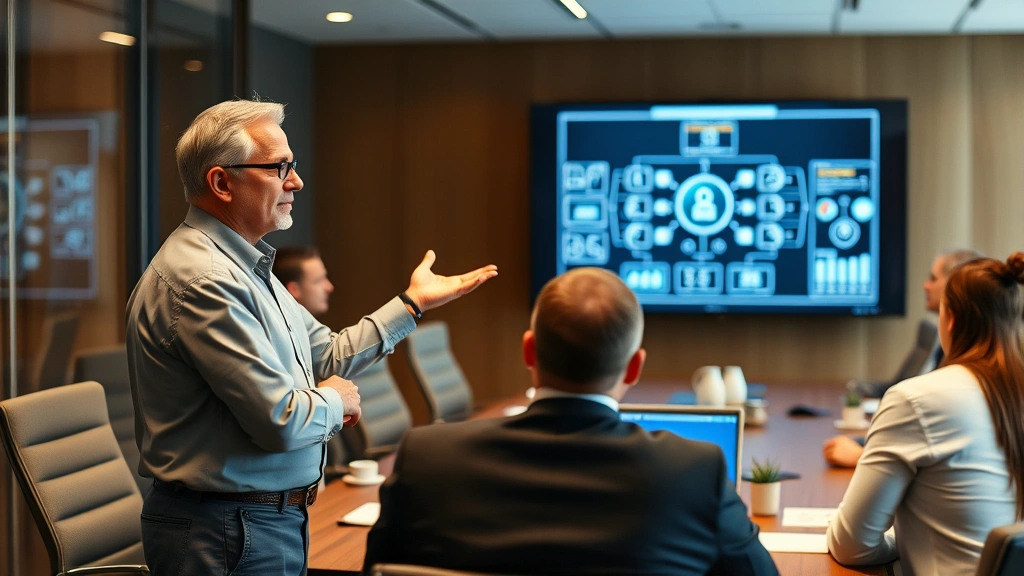 Senior cybersecurity architect presenting security architecture diagram to executive leadership in boardroom, professional business environment, confident posture, strategic security planning visualization on screen behind