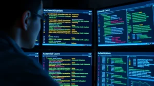 Close-up of cybersecurity professional reviewing authentication logs on multiple monitors showing failed login attempts and access patterns in a secure operations center environment