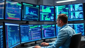 Photorealistic image of cybersecurity analyst monitoring network traffic on multiple displays in modern security operations center with blue and green data visualizations, professional corporate environment, no text or code visible