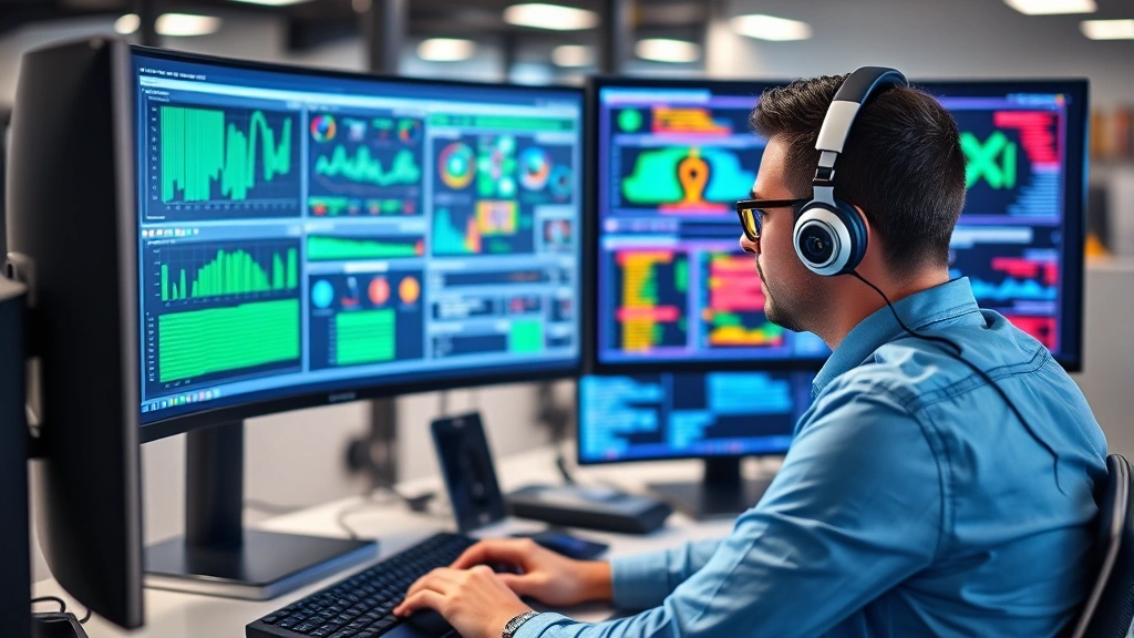 Cybersecurity professional analyzing network traffic on multiple monitors displaying colorful data visualizations and security dashboards in a modern office setting with blue and green digital interfaces