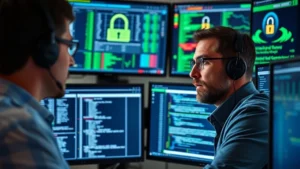 Cybersecurity analyst examining network traffic on multiple monitors, digital security dashboard with encryption indicators, professional office environment, serious focused expression, cybersecurity infrastructure visualization