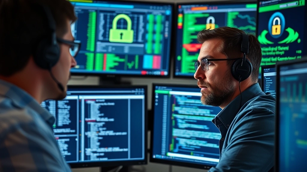 Cybersecurity analyst examining network traffic on multiple monitors, digital security dashboard with encryption indicators, professional office environment, serious focused expression, cybersecurity infrastructure visualization