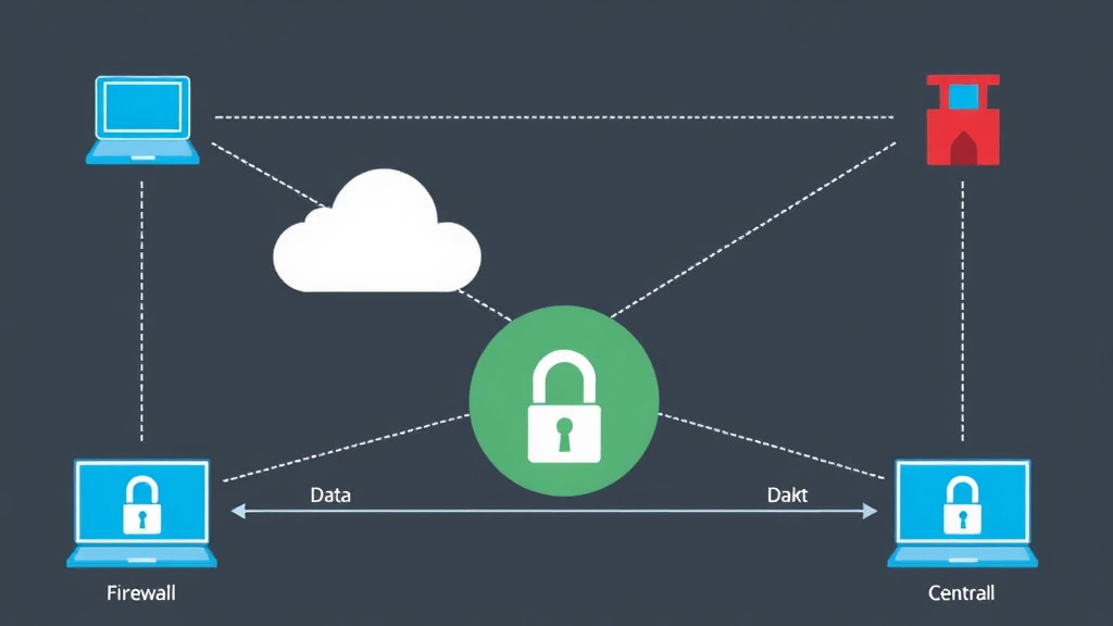 Network diagram visualization showing data encryption flows, firewall protection layers, and secure communication pathways between client devices and central servers with lock icons