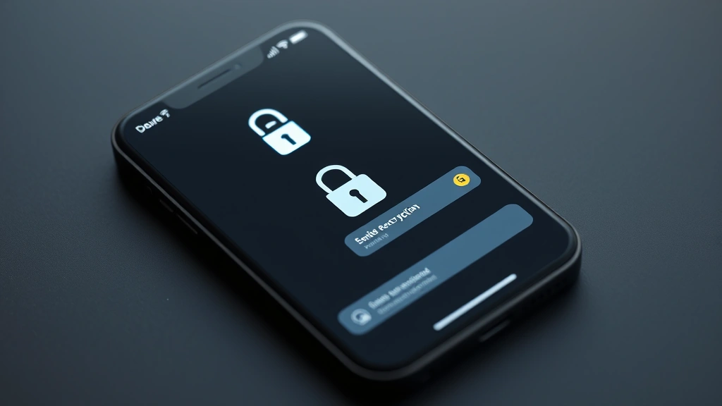 Photorealistic image of secure encrypted messaging application interface on smartphone screen with lock icons and shield symbols, showing end-to-end encryption indicators, modern minimalist design, no actual code or terminal windows