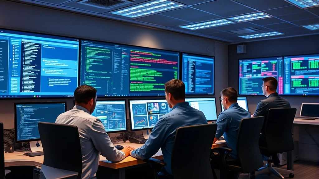 Enterprise security operations center with team members monitoring messaging platforms, real-time threat detection displays, multiple screens showing network activity, professional security team collaboration, modern security infrastructure