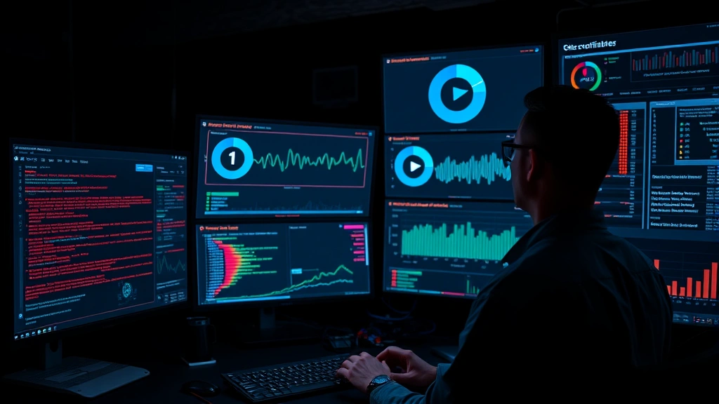 Security analyst examining incident response procedures on dashboard displays with real-time threat monitoring, alert notifications, and system health metrics in a dark-themed SOC