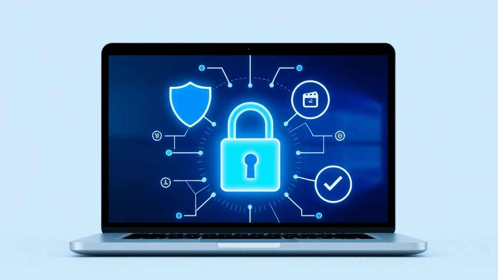 Digital padlock symbol emerging from laptop screen with shield and checkmark icons, representing account security and protection against cyber threats with abstract blue background