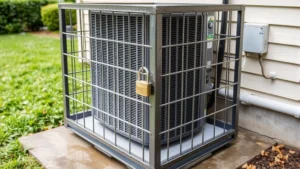 Professional outdoor air conditioning unit surrounded by heavy-duty steel security cage with padlock, showing theft deterrent installation on residential concrete pad