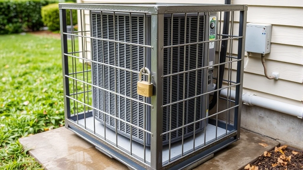 Professional outdoor air conditioning unit surrounded by heavy-duty steel security cage with padlock, showing theft deterrent installation on residential concrete pad