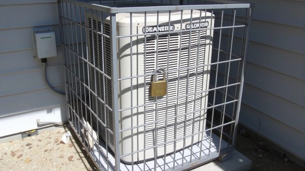 Heavy-duty steel security cage surrounding outdoor residential air conditioning unit, mounted on concrete pad, showing welded construction and padlock mechanism in daylight