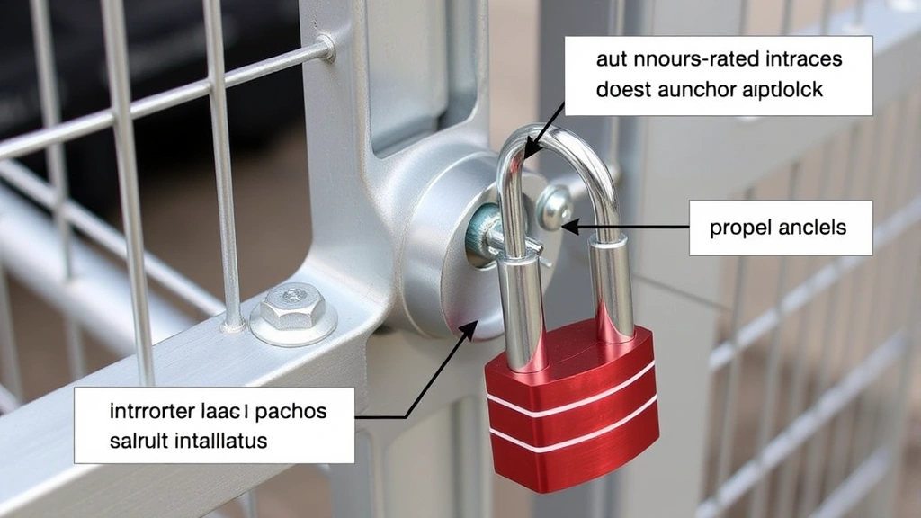Close-up of anchor bolts and locking mechanism on aluminum AC security cage, demonstrating proper fastening hardware and outdoor-rated padlock installation