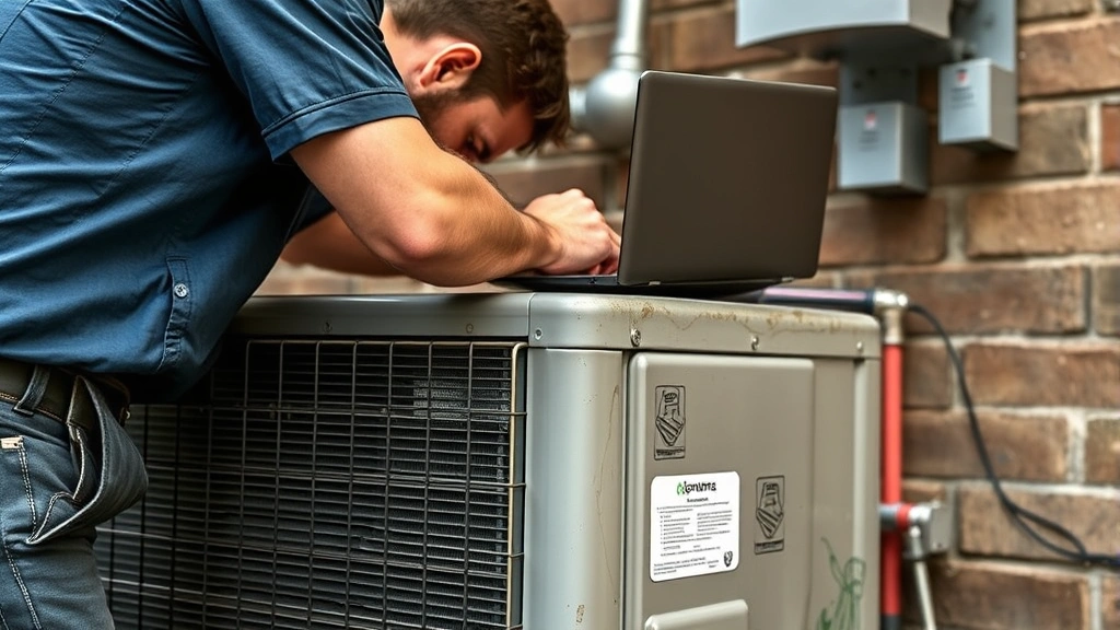 Close-up of professional HVAC technician servicing outdoor AC unit with security cage installed, showing proper ventilation and access panel design