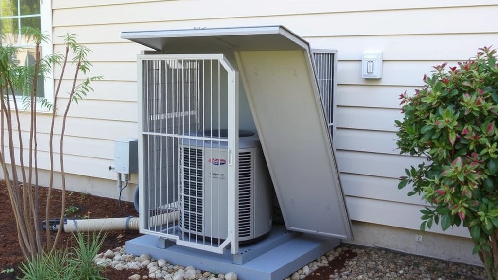 Residential home exterior showing fully installed AC security cage with removable access panel open, revealing HVAC unit maintenance accessibility and professional installation