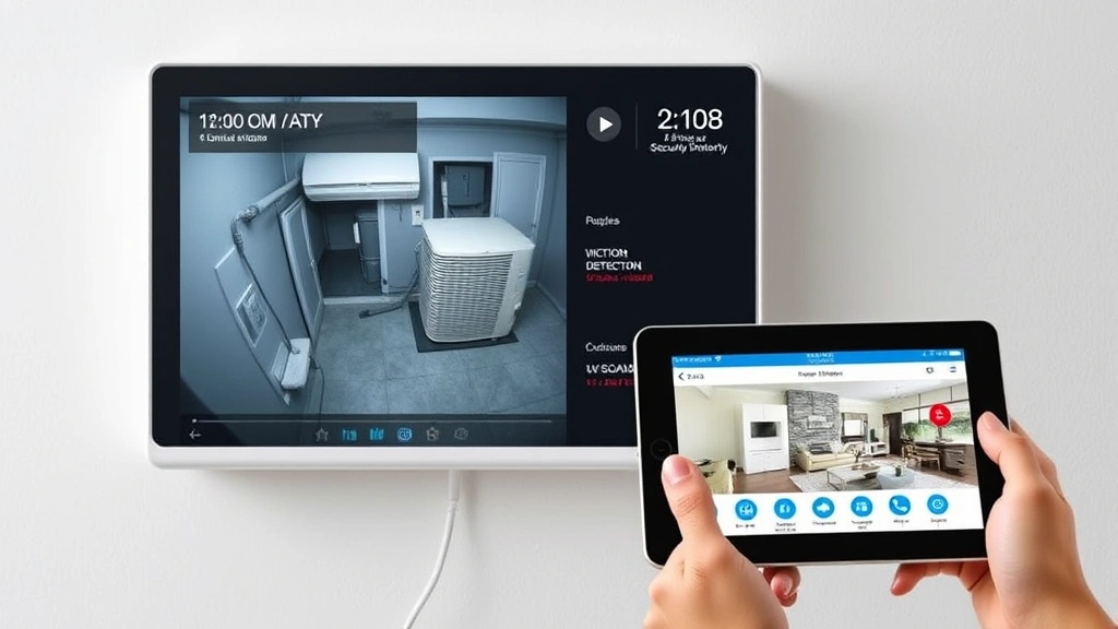 Home security monitoring system display showing real-time camera feed of air conditioner unit area with motion detection alerts, smart home integration visible on tablet screen
