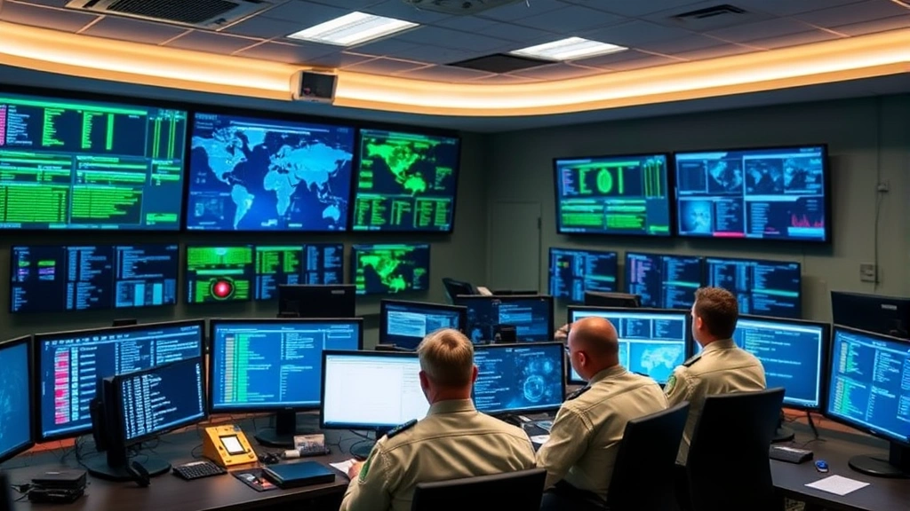 Cybersecurity operations center with multiple monitors displaying network traffic analysis, security dashboards, and threat intelligence visualizations in a secure military facility. Professional operators in uniform monitoring systems. Blue and green data streams. No visible text or code on screens.