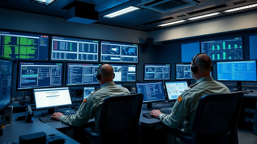 Military personnel in uniform working at secure workstations in a classified operations center, analyzing cyber threats and network vulnerabilities. Multiple displays showing security metrics. Professional environment with high-tech security infrastructure. Focused, serious atmosphere. No readable text or code visible.