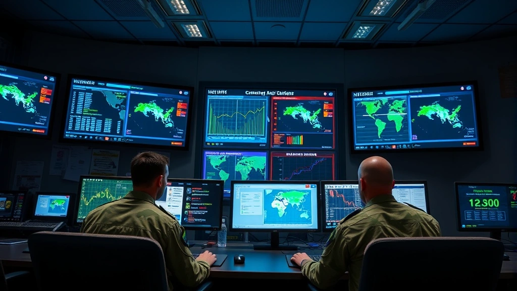 Military cyber operations center with personnel monitoring multiple screens displaying network traffic analysis and threat detection dashboards, secure facility environment