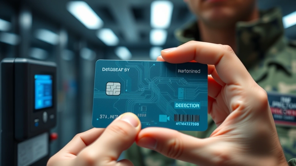Close-up of modern military smart card technology showing embedded microchip and security features, hands holding badge near reader device, professional security facility environment, no visible personal information