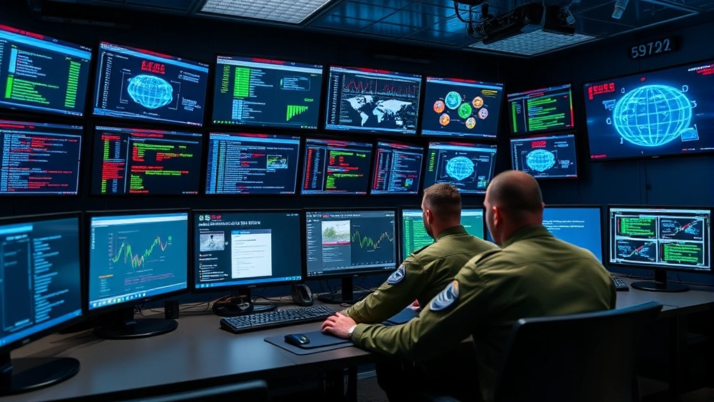 Military cybersecurity operations center with personnel monitoring multiple screens displaying network activity, threat dashboards, and real-time alerts in a secure facility