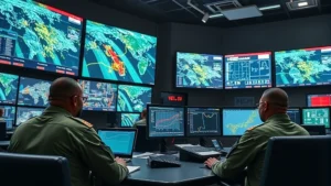 Military command center with multiple security personnel monitoring large screens displaying network traffic patterns and threat alerts in real-time monitoring stations