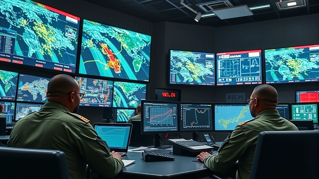Military command center with multiple security personnel monitoring large screens displaying network traffic patterns and threat alerts in real-time monitoring stations