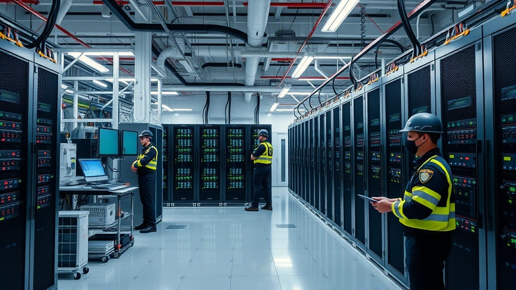 Defense contractor facility with cybersecurity infrastructure, server rooms, and security personnel implementing supply chain protection measures